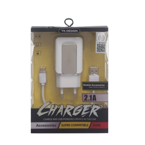 شاحن حائط سريع من واي كيه  , YKDESIGN T16 CHARGER , منفذ شحن مايكرو , 2 منفذ شحن